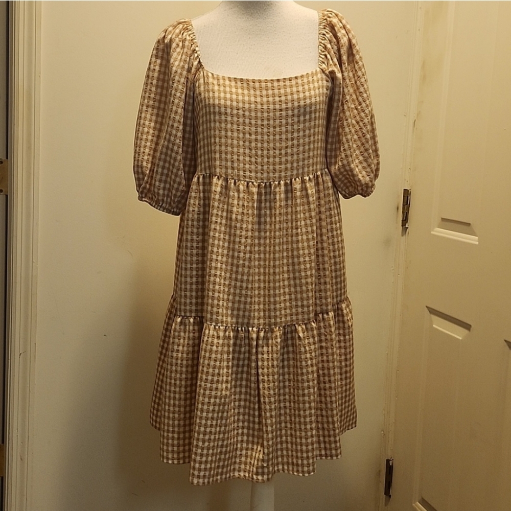 Calista off shoulders puff Sleeve mini Dress gingham tiered medium